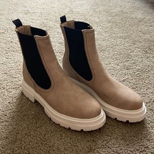 Tan bootie with white sole